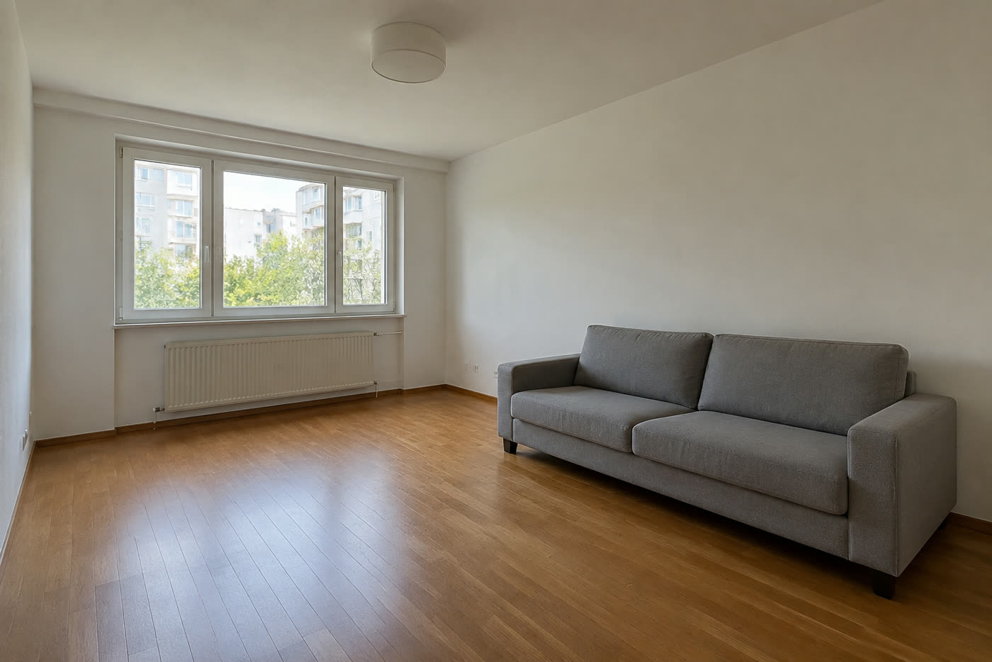 A bright living room with a grey sofa and a radiator under the window — before