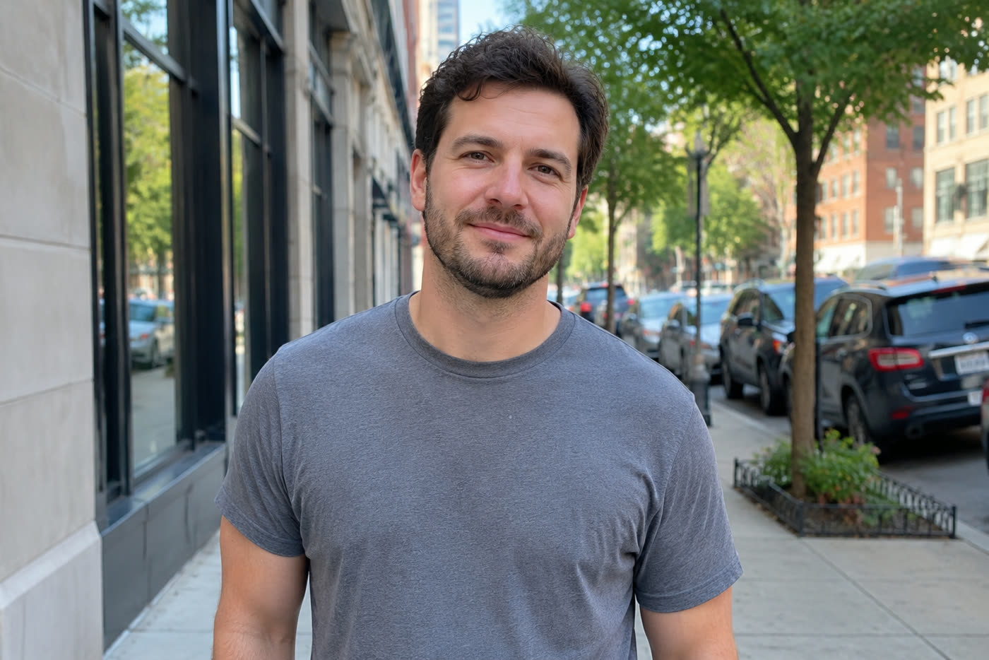 A man in a grey T-shirt on a city street — before